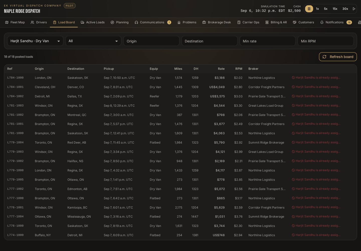 EK Virtual Dispatch Company truck dispatch simulator load search interface
