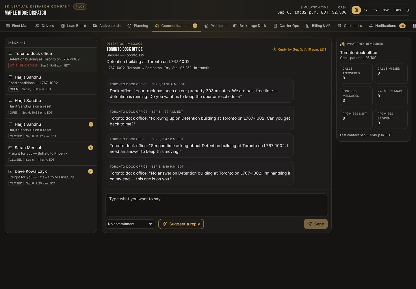 AI broker call practice inside EK Virtual Dispatch Company dispatch simulator communications desk