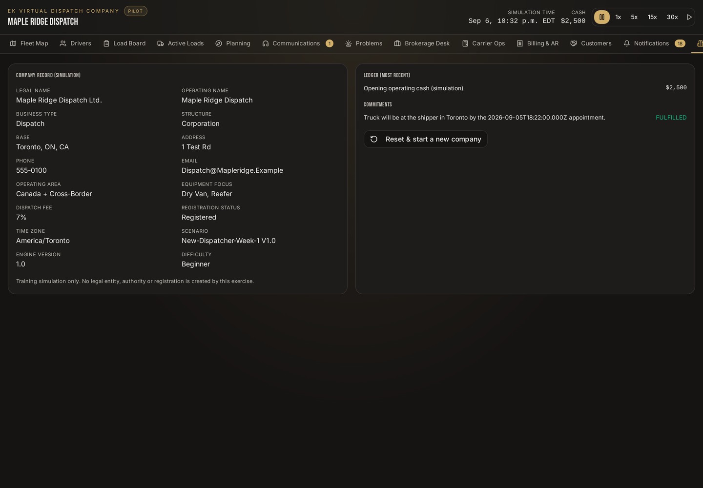 EK Virtual Dispatch Company truck dispatch simulator company setup screen