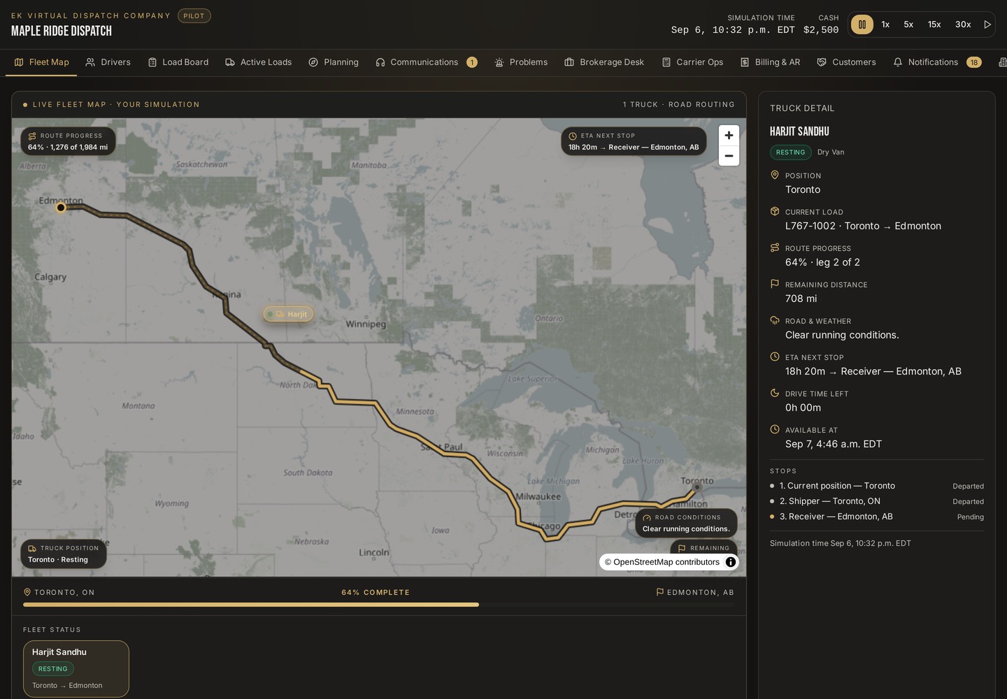 Virtual driver tracking in EK truck dispatch training simulator fleet map