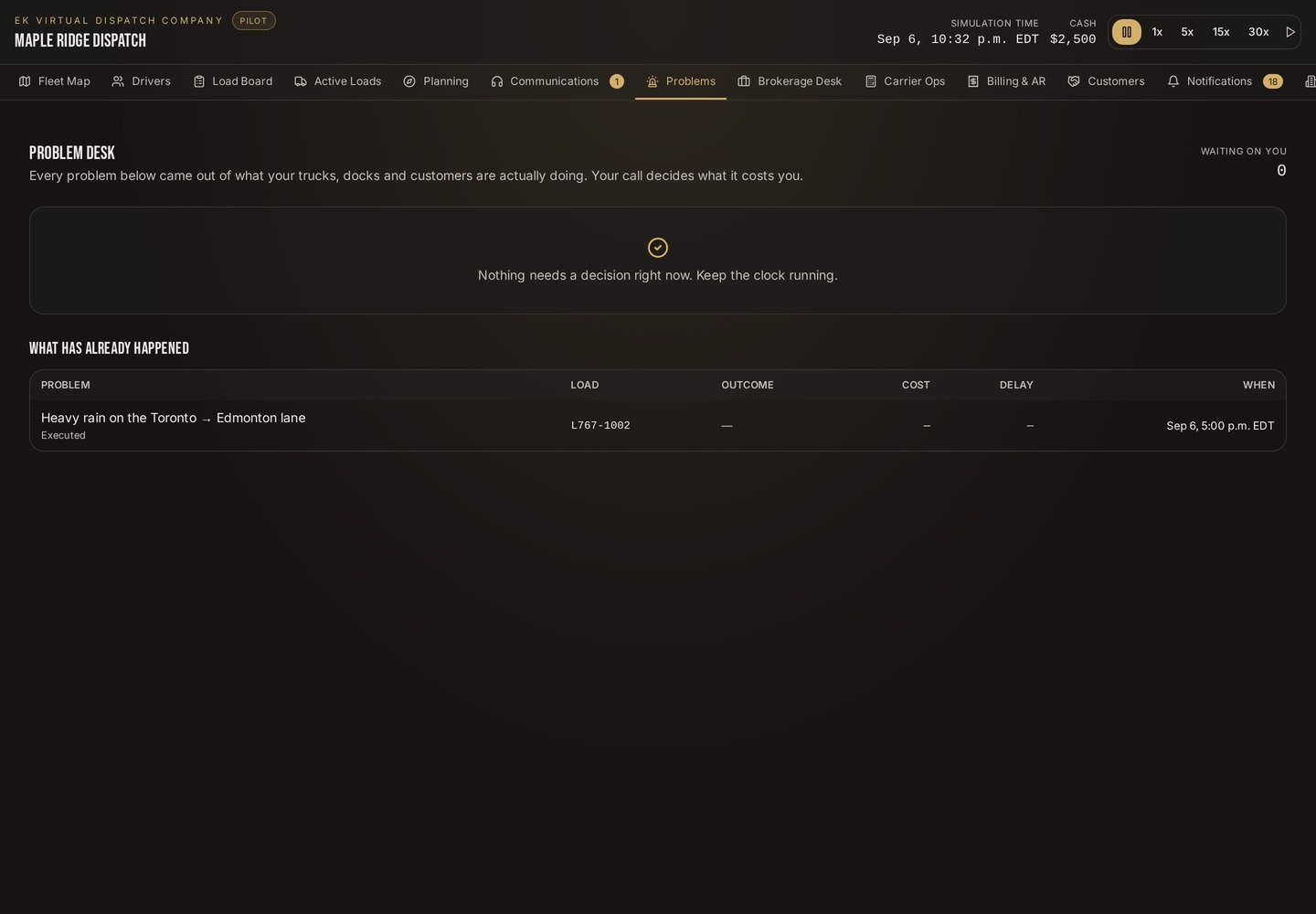 Dispatch problem decision screen in EK Virtual Dispatch Company with cost and delay for each option
